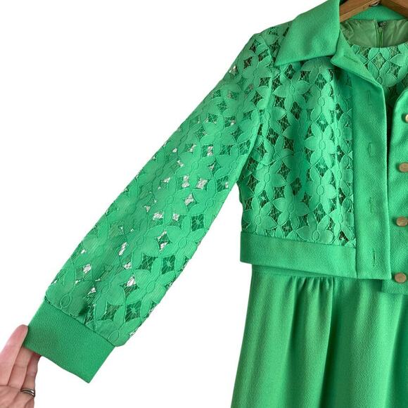 Vintage 60s Green Lace Bodice Sleeveless Sheath Dress w/ Matching Crop Jacket, M - Picture 9 of 16